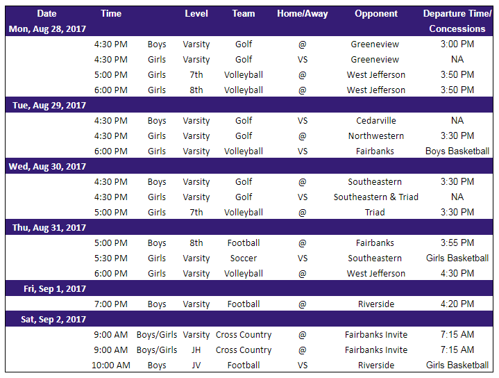 Athletic Schedule 8/28/17-9/4/17